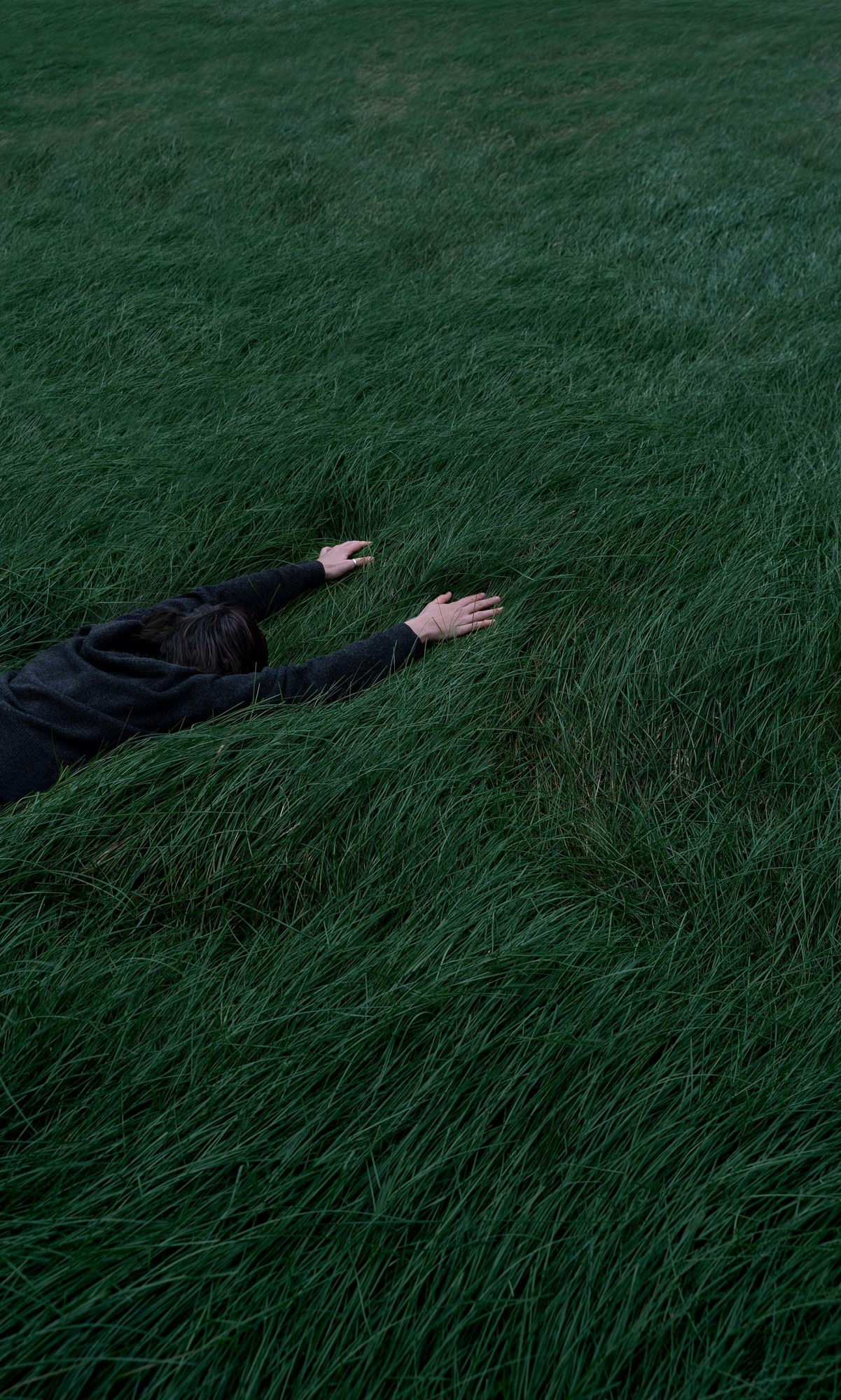 A person resting in long green grass with their arms overhead.